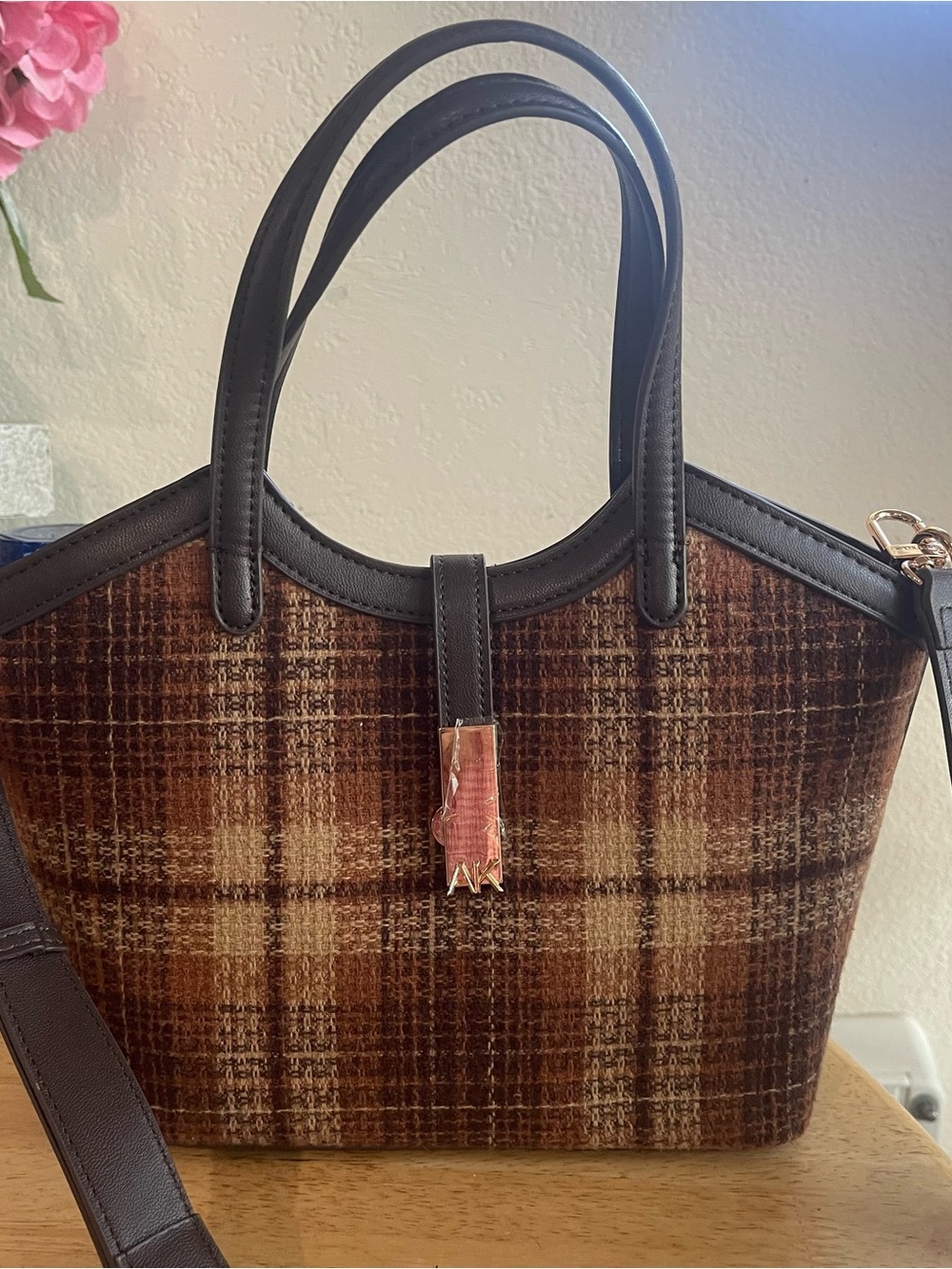 Brown Plaid Tote Bag with Dark Brown Trim